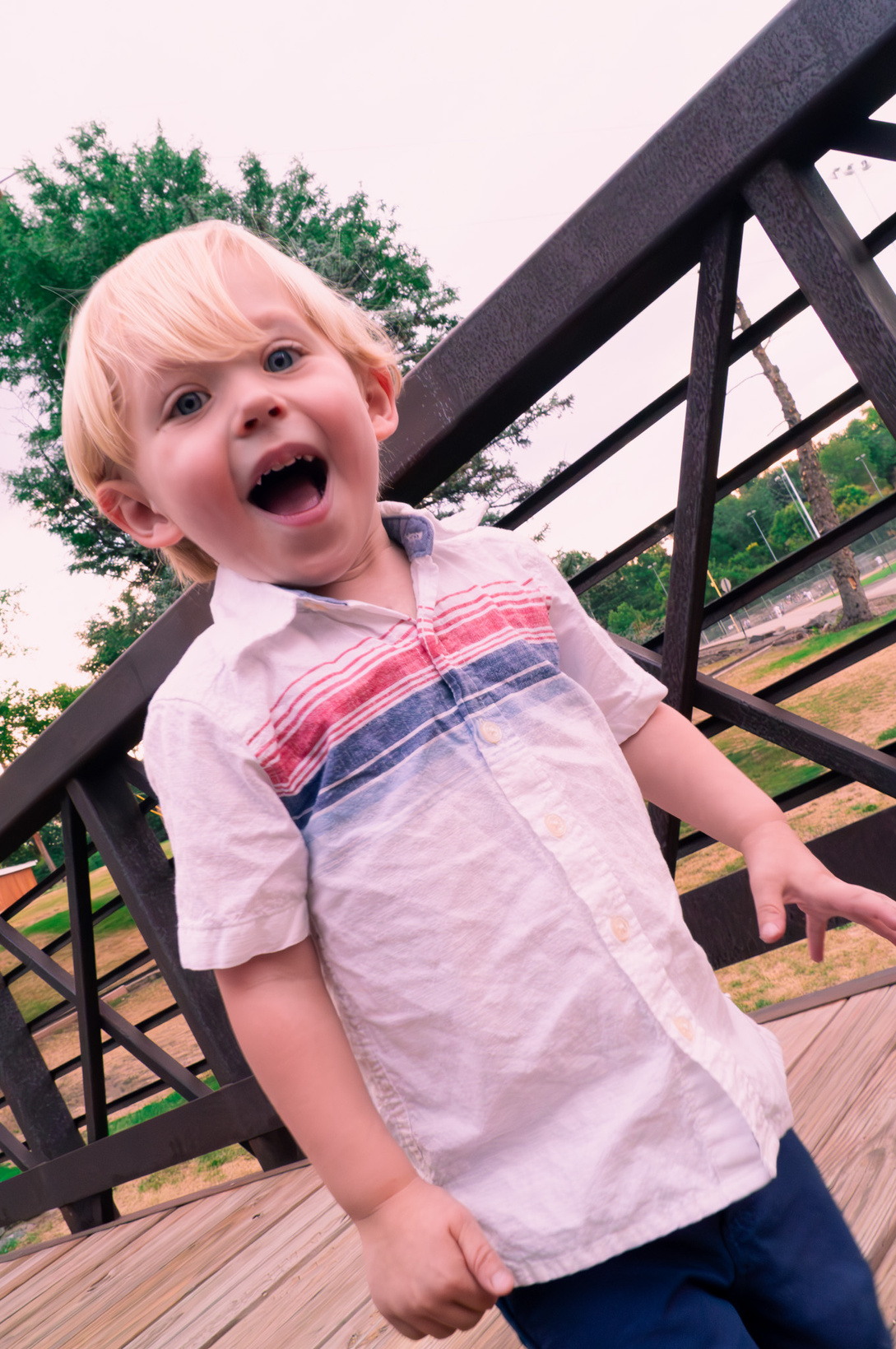 a child is standing on a wooden bridge